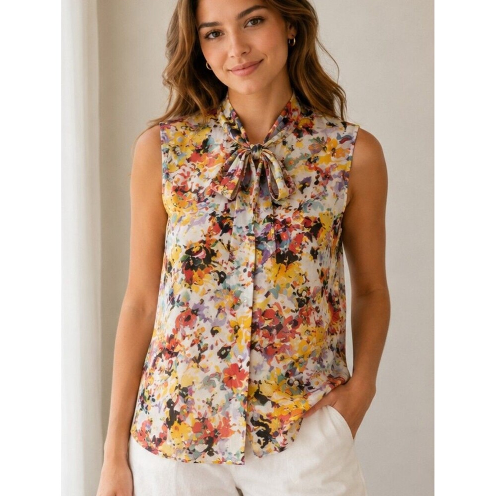 Tahari Arthur S. Levine Sleeveless Button Up Blouse W Neck Tie, M